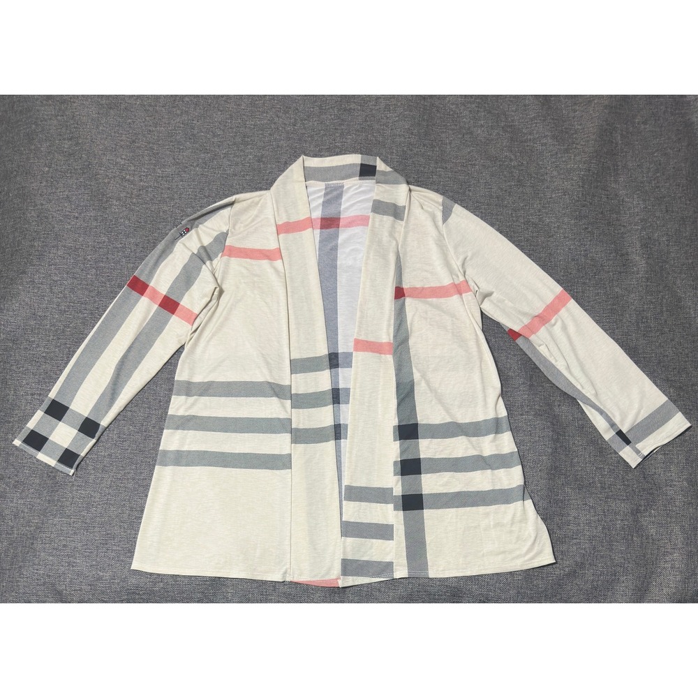 Unbranded‎ Women's L Cardigan Plaid Open Front Long Sleeve Cream Red Gray